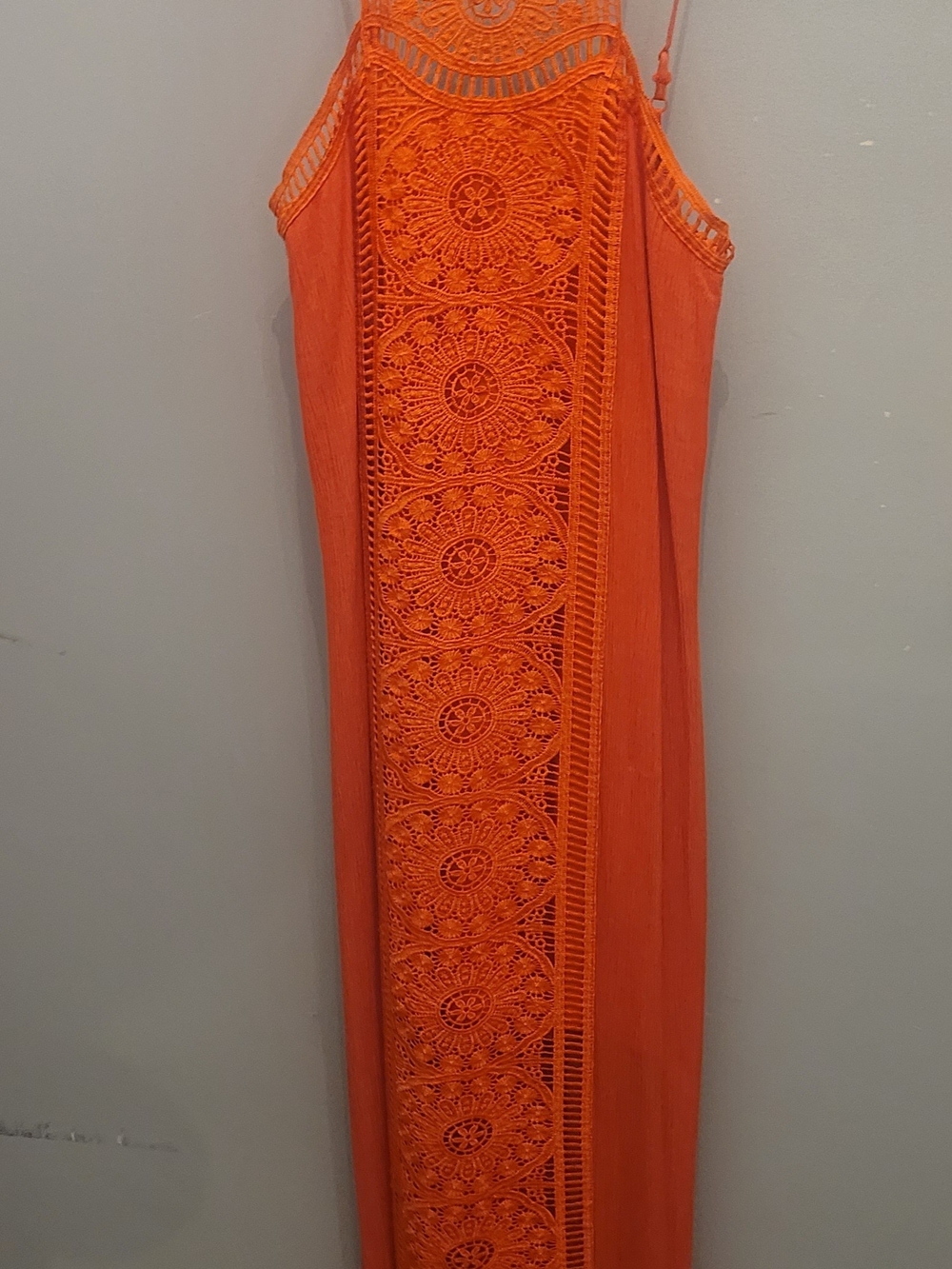 Shinestar Orange Crochet-Panel Maxi Dress